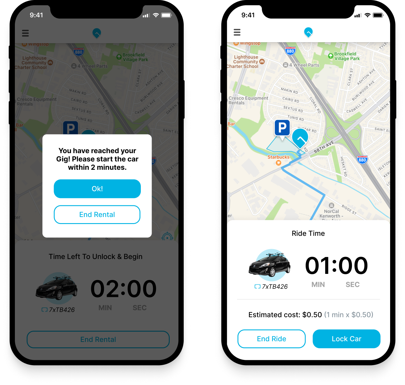 Screen telling user they have 2 minutes to unlock their car, screen showing timer counting up the ride time